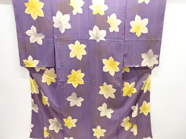 JAPANESE KIMONO / SILK / MON KINSHA / TAISHO ROMAN STYLE / STRIPE & LEAVES